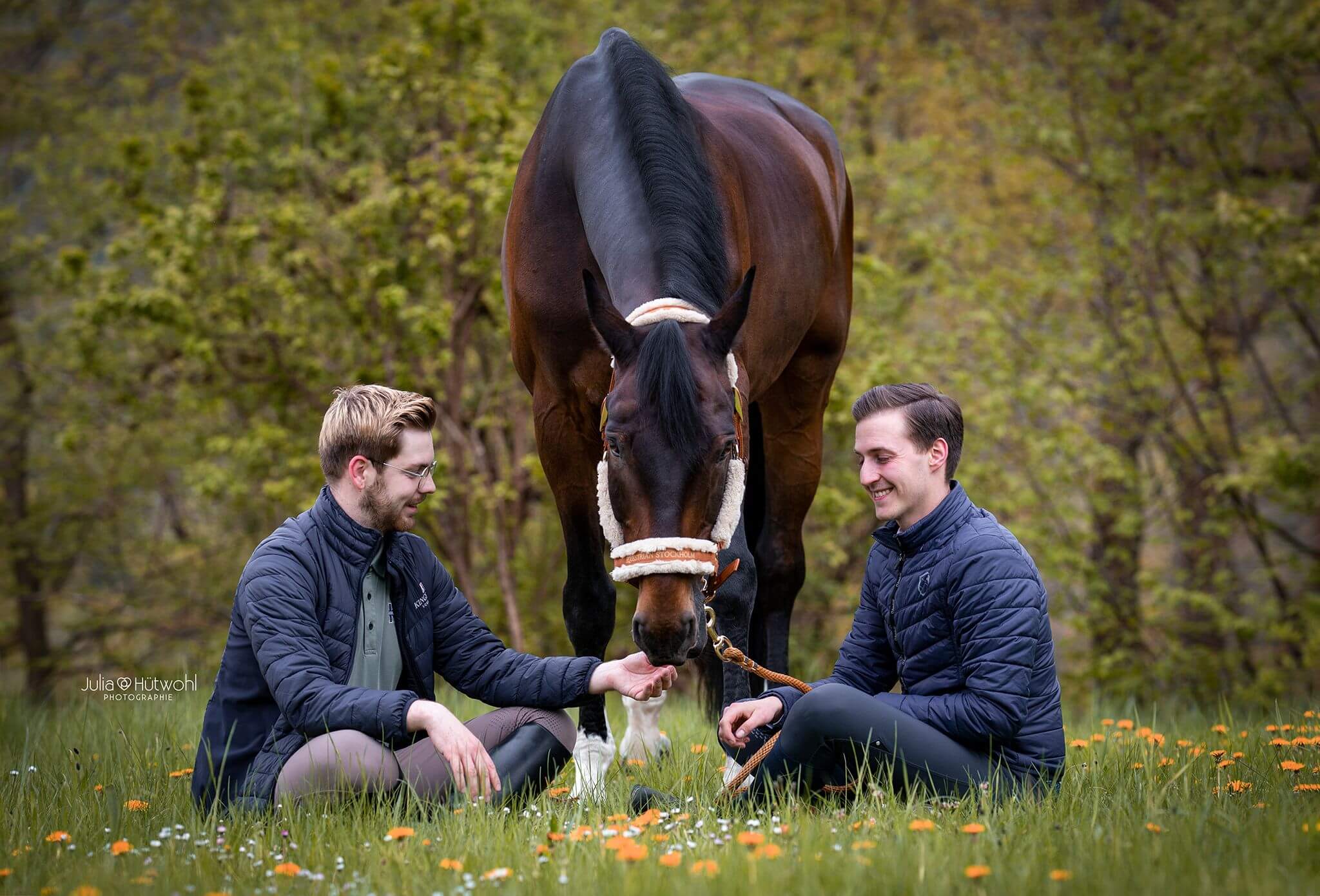 zwei Herren in Reitbekleidung sitzen vor einem Pferd im Rasen